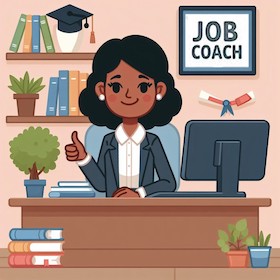 Cartoon of female job coach sitting at a desk, looking professional