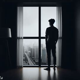 Lonely young man standing and staring out window at cityscape