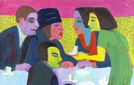 Colorful painting of four people conversing
